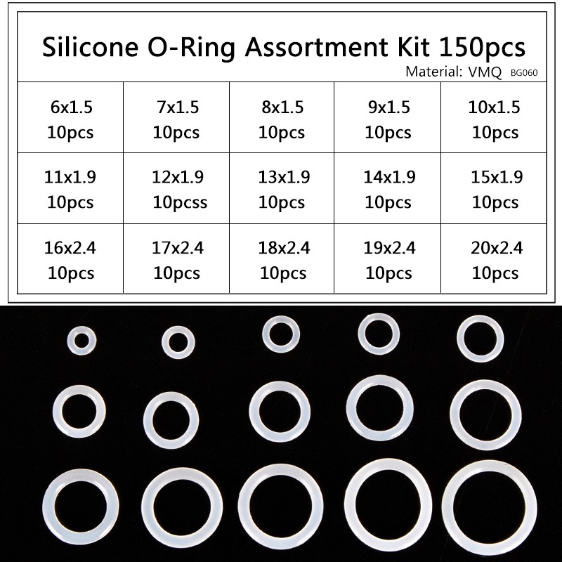 Set 150 Vòng Đệm Silicone Màu Trắng 15 Kích Thước 1.5mm 1.9mm 2.4mm 3.1mm Dày 6-30mm