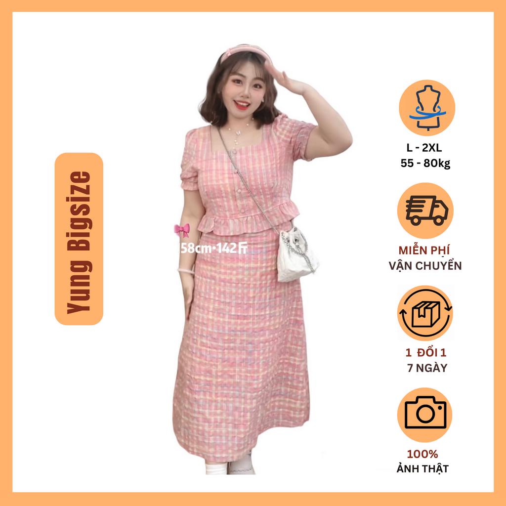 Set đầm nữ Bigsize áo crotop sọc hồng cổ vuông kèm chân váy 55-90kg