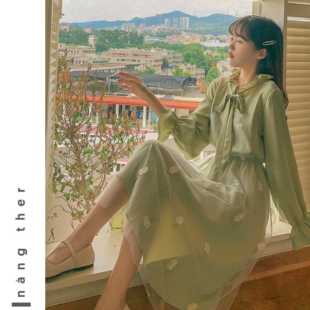 (SẴN) Váy công chúa tiểu thư cổ bèo ulzzang dáng dài xòe màu xanh lá phong cách retro vintage dự tiệc mã V00345 | BigBuy360 - bigbuy360.vn