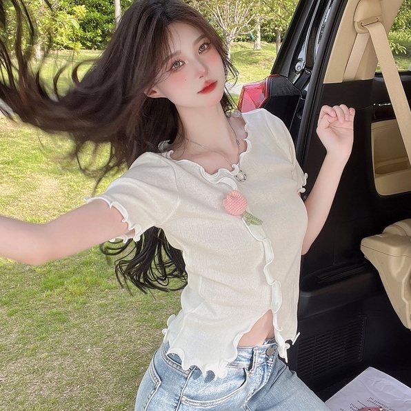 【Hana and Alice】Áo Thun Dệt Kim Tay Ngắn Đính Tai Hoa Xinh Xắn Hợp Thời Trang