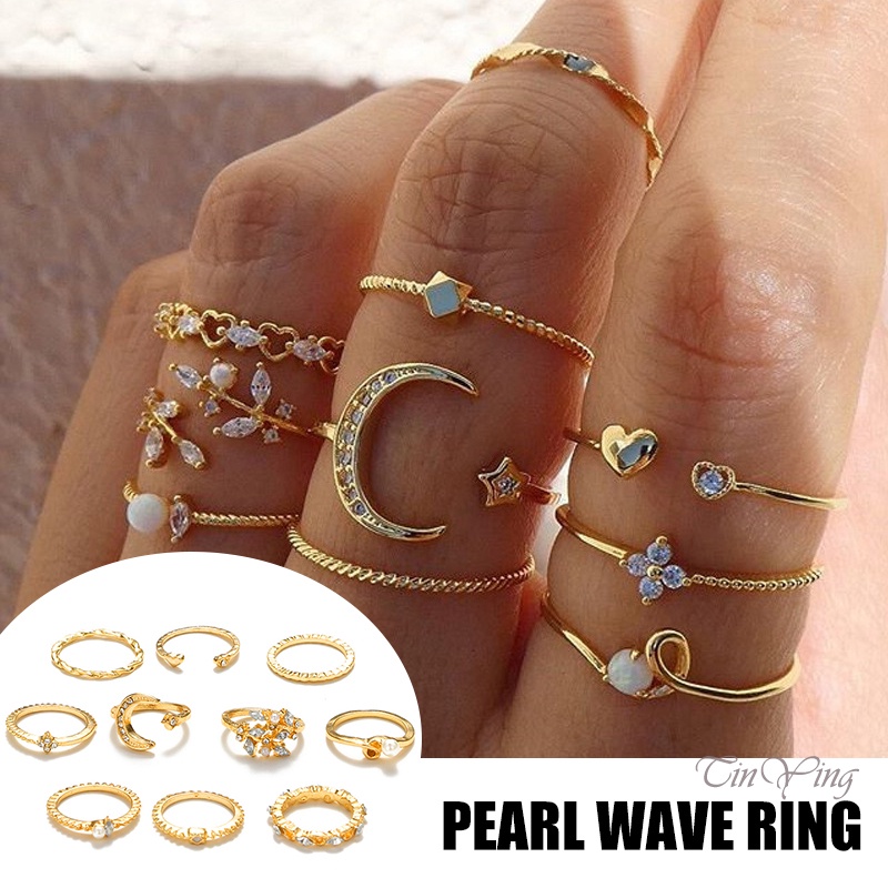 GETNOIVAS 10 nhẫn hợp kim đính hạt nhiều kiểu dáng phong cách Boho