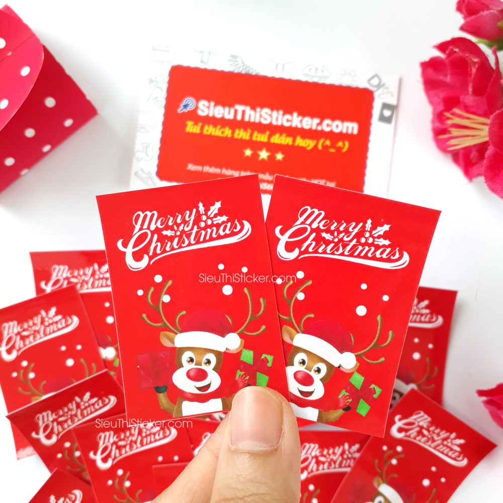 Tem giấy tuần lộc dán hộp quà Giáng sinh Noel hai màu Xanh lá/Đỏ MCTL02 trang trí dịp giáng sinh, niêm phong hộp quà