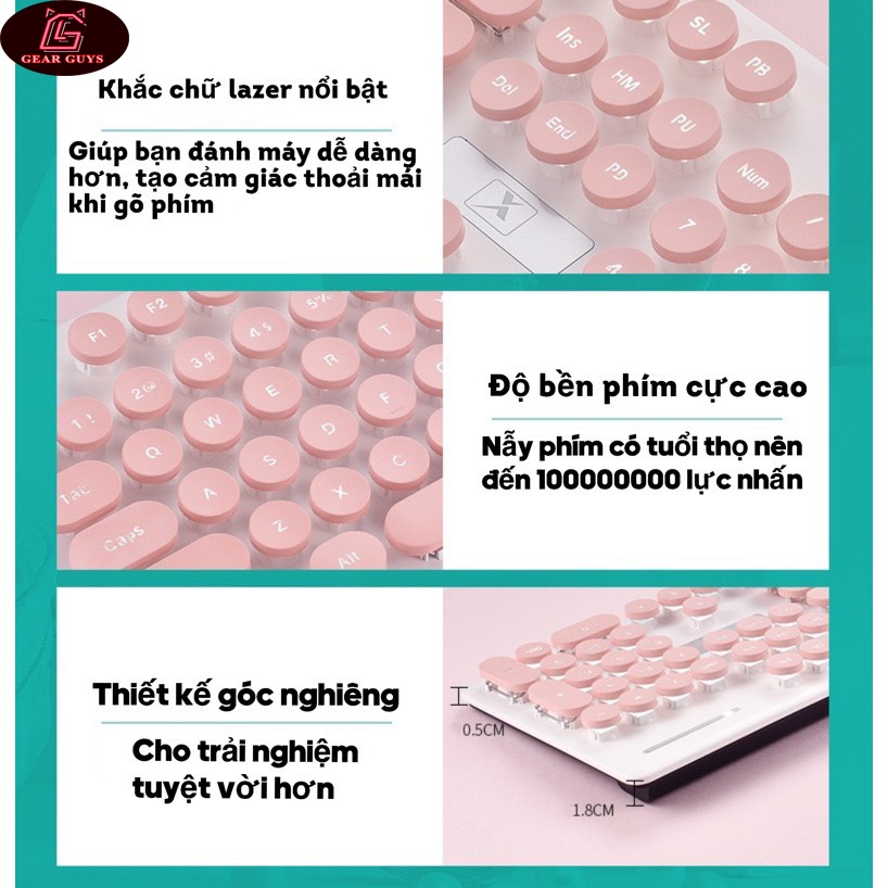 Bộ bàn phím và chuột N518 màu hồng phấn màu xanh biển cao cấp có đèn LED sáng thiết kế phím tròn nổi bật