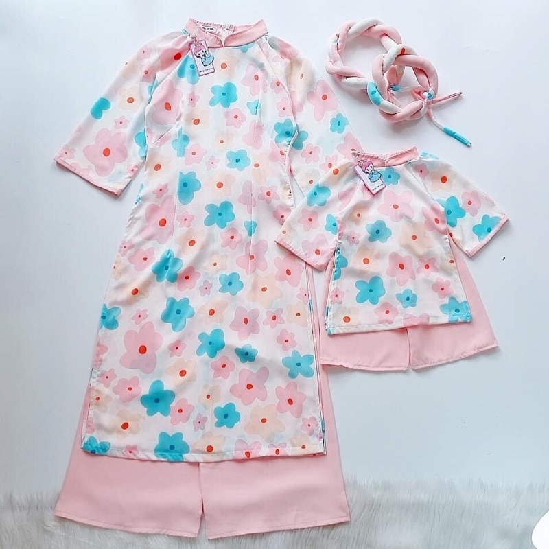 ÁO DÀI HOA ĐÀO MẸ BÉ KÈM MẤN❣️