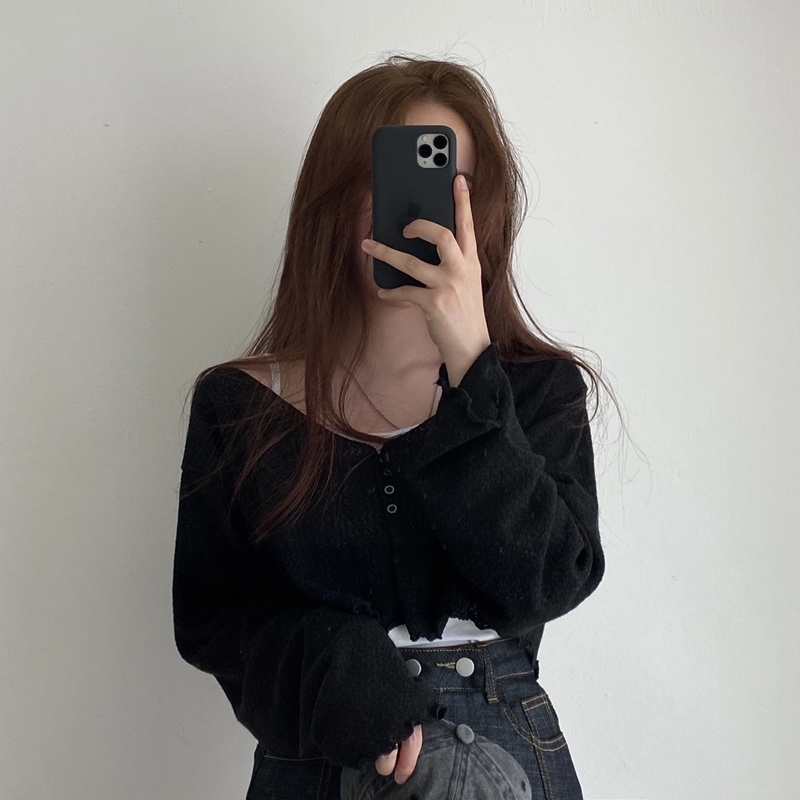 Áo khoác cardigan ngắn dệt kim tay dài dáng rộng phong cách thời trang cho nữ