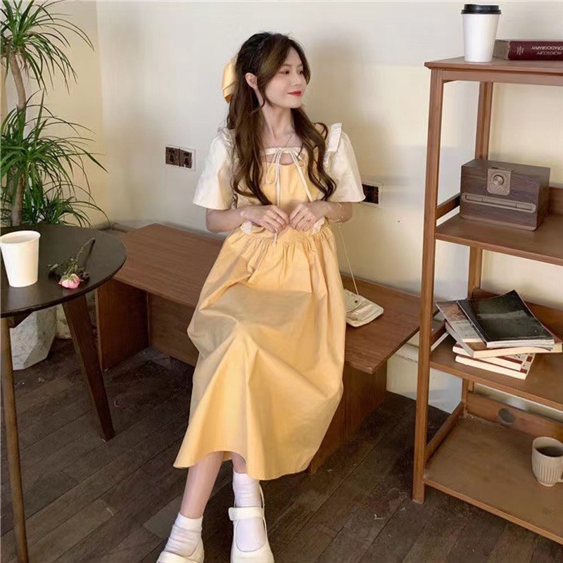 Đầm dài XINLANYASHE cổ vuông ghép nối viền màu thời trang mùa hè dành cho nữ váy thiết kế tay bồng