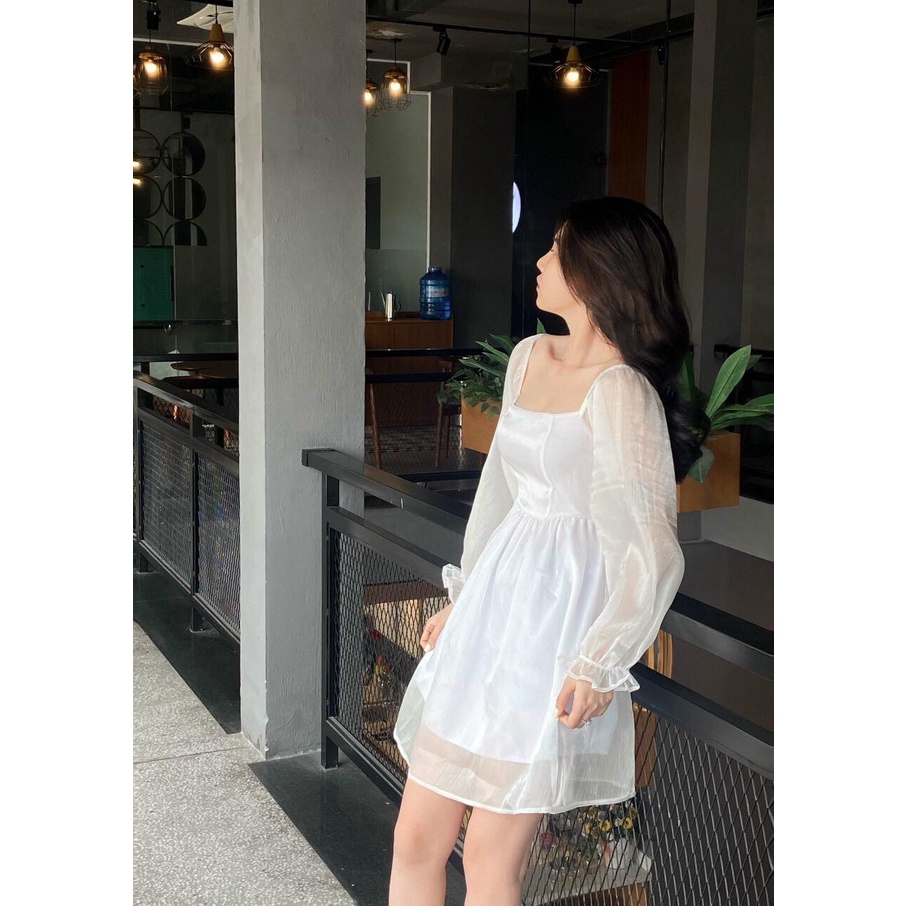 Đầm Xòe Tay Dài Trơn Phối Nhún Lưng