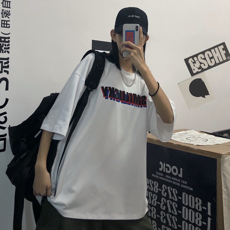 Áo thun tay lỡ form rộng unisex chữ ngực SIMILUCKY, áo phông nam nữ phong cách ulzzang hàn quốc