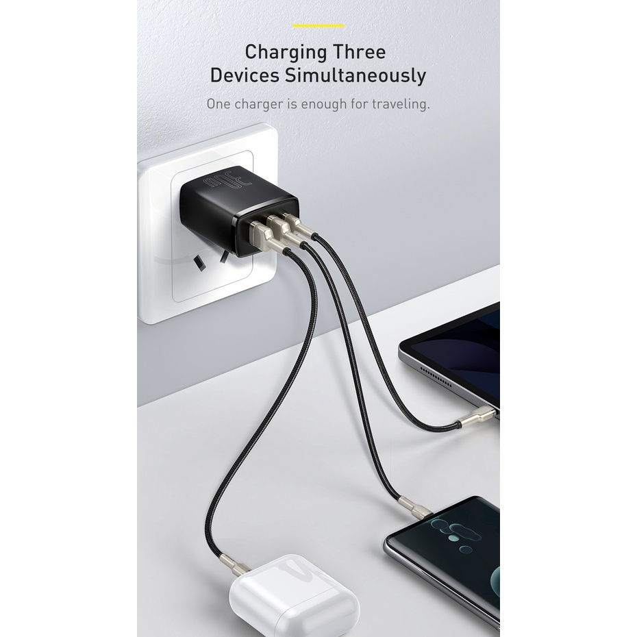 Củ Sạc Nhanh 3 Cổng 30W Baseus Siêu Nhỏ Gọn, Dùng Cho Iphone , Ipad ,  Samsung , Xiaomi . 2 USB + 1C Sạc nhanh PD3.0 QC3
