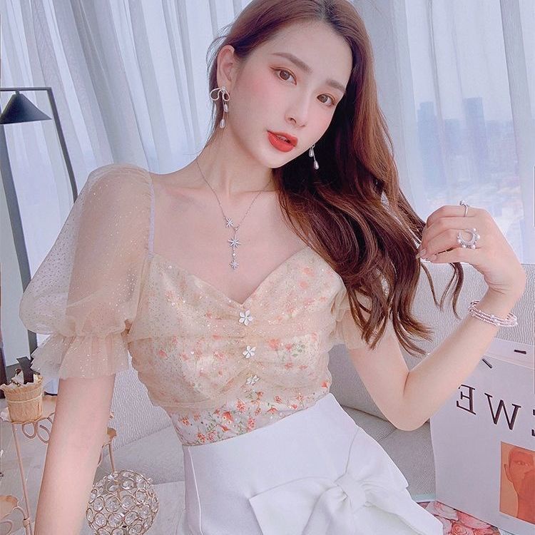 Đầm Đuôi Cá Hai Dây Mỏng Ghép Vải Lưới In Hoa Thời Trang Mùa Hè Pháp Ngọt Ngào Hàng Mới 2022 Dành Cho Bạn Nữ