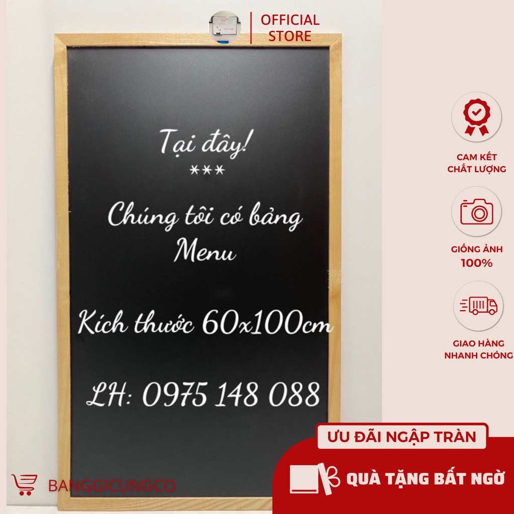 Bảng menu đen khung gỗ, KT: 60x100cm - Tặng kèm đủ phụ kiện ( Hàng sẵn)