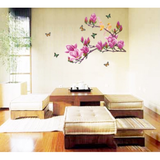 Decal trang trí tường - Cành hoa hồng cùng đàn bướm