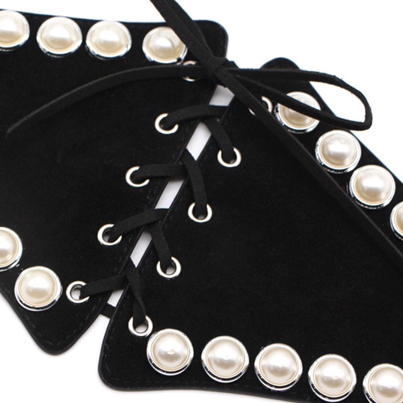 Thắt Lưng Nhung Bản Rộng Co Giãn Đính Ngọc Trai Thời Trang Cho Nữ