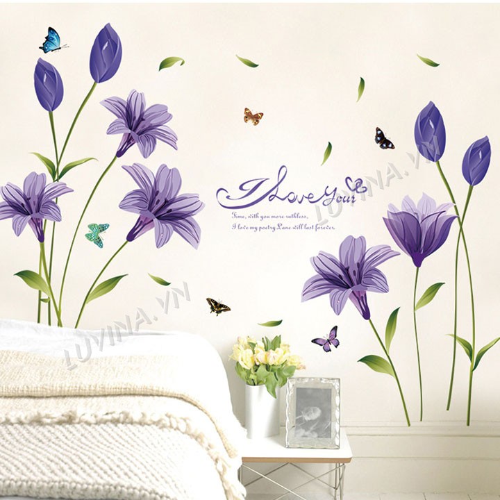-Decal trang trí phòng ngủ, phòng khách-Hoa ly tím-[GIAO HÀNG NGAY]