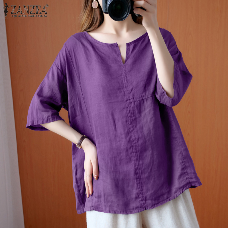 Áo Kiểu ZANZEA Tay Lửng Cổ Tròn Màu Trơn Thời Trang Dành Cho Nữ