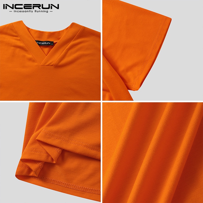 Áo thun nam INCERUN dáng thụng màu trơn tay ngắn cổ V thời trang thường ngày