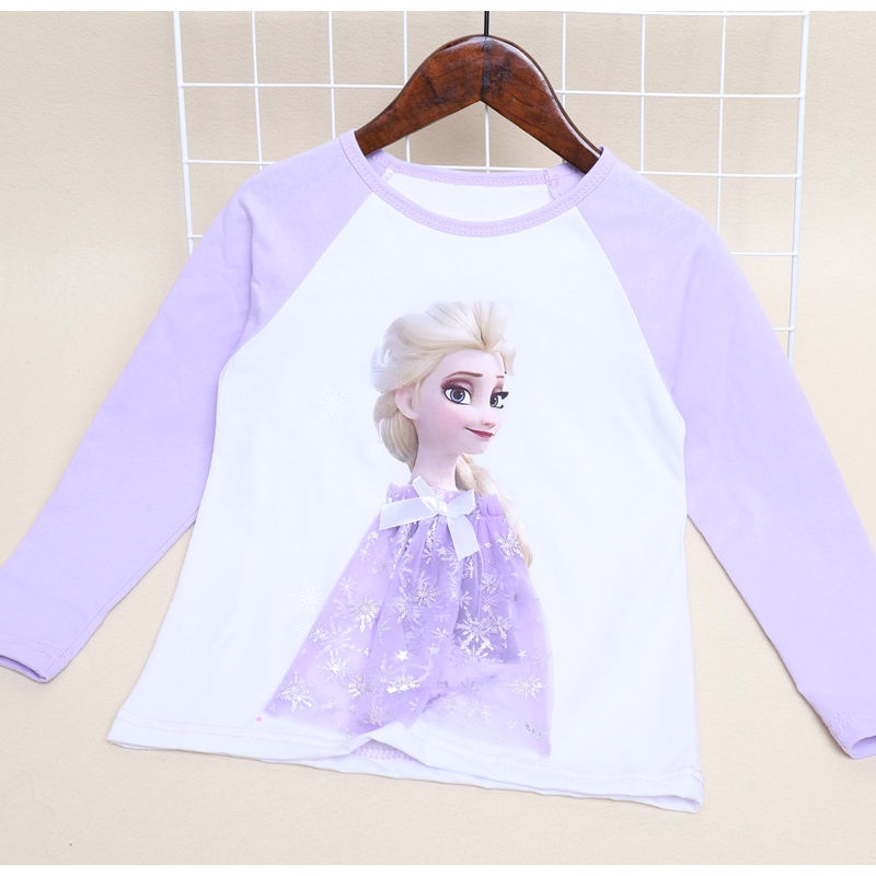 DISNEY Áo Thun Tay Dài Phối Ren 3D In Hình Công Chúa Elsa Cho Bé Gái 2-10 Tuổi