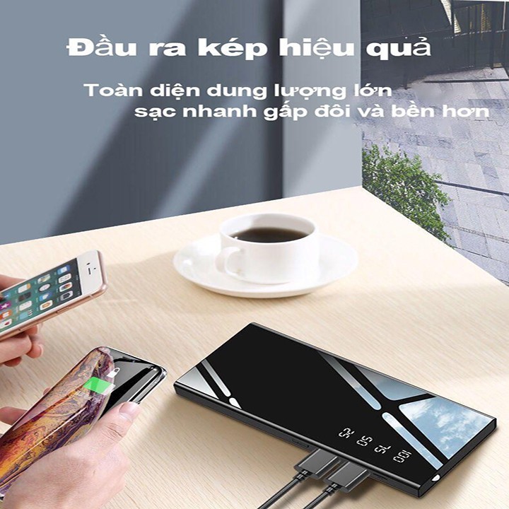 Sạc dự phòng 30000 mAh FREESHIP Tích Hợp Sạc Nhanh Fast Charge Mặt Kính Đen hiển phần trăm thị pin. 2 USB Có Đèn