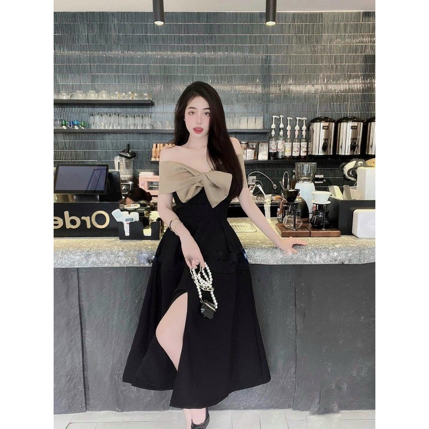 Đầm Xòe Trễ Vai Nơ Ngực Có Mút