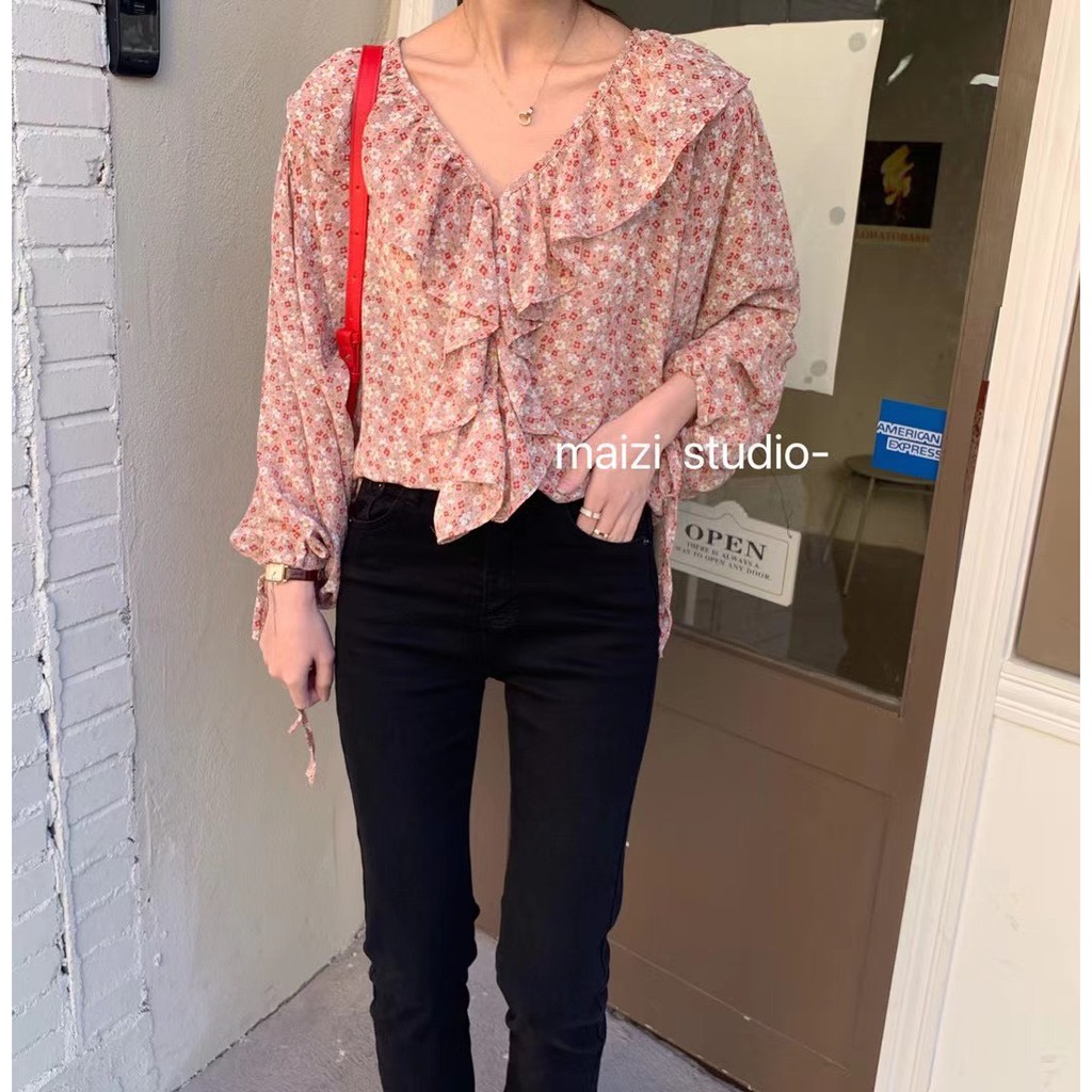 Áo Hoa nhí cổ bèo nhún tay chun điệu đà Ulzzang Style Hàng quảng châu!!!