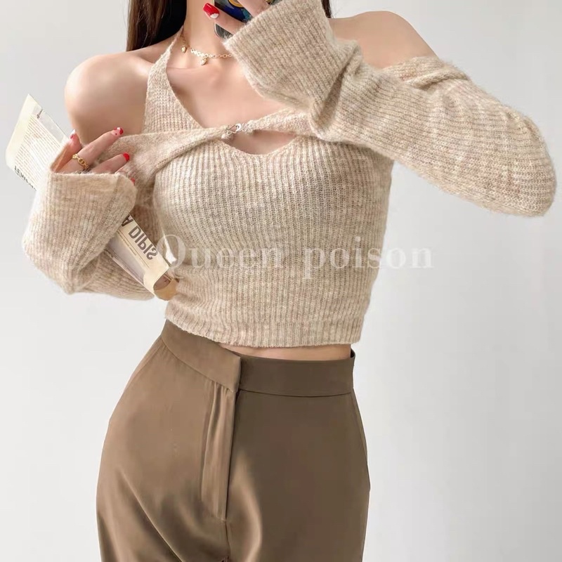 set áo len : áo yếm buộc &amp; tay áo choàng kiểu tay xẻ điệu (bz1096#)