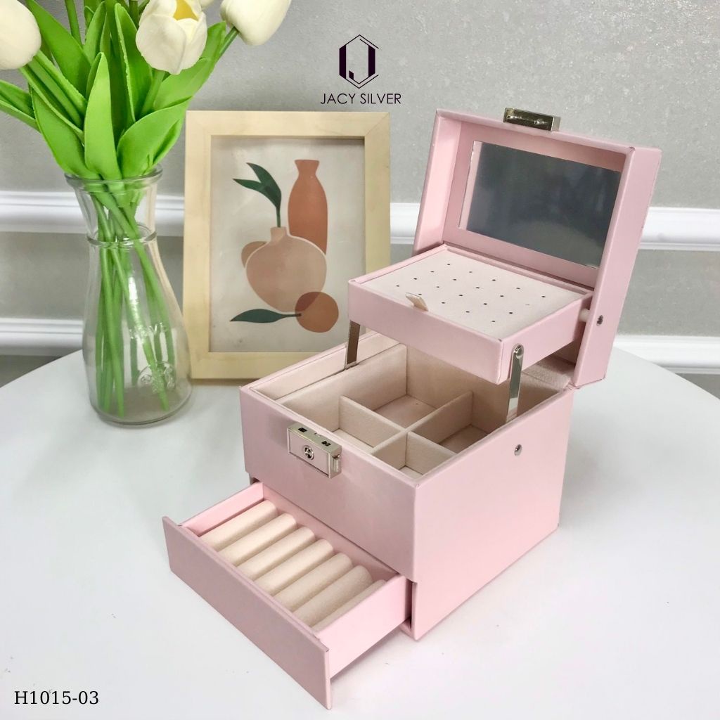 Hộp da đựng trang sức 3 tầng kèm gương, chống nước, hộp đựng nữ trang gọn gàng, tiện lợi H1015