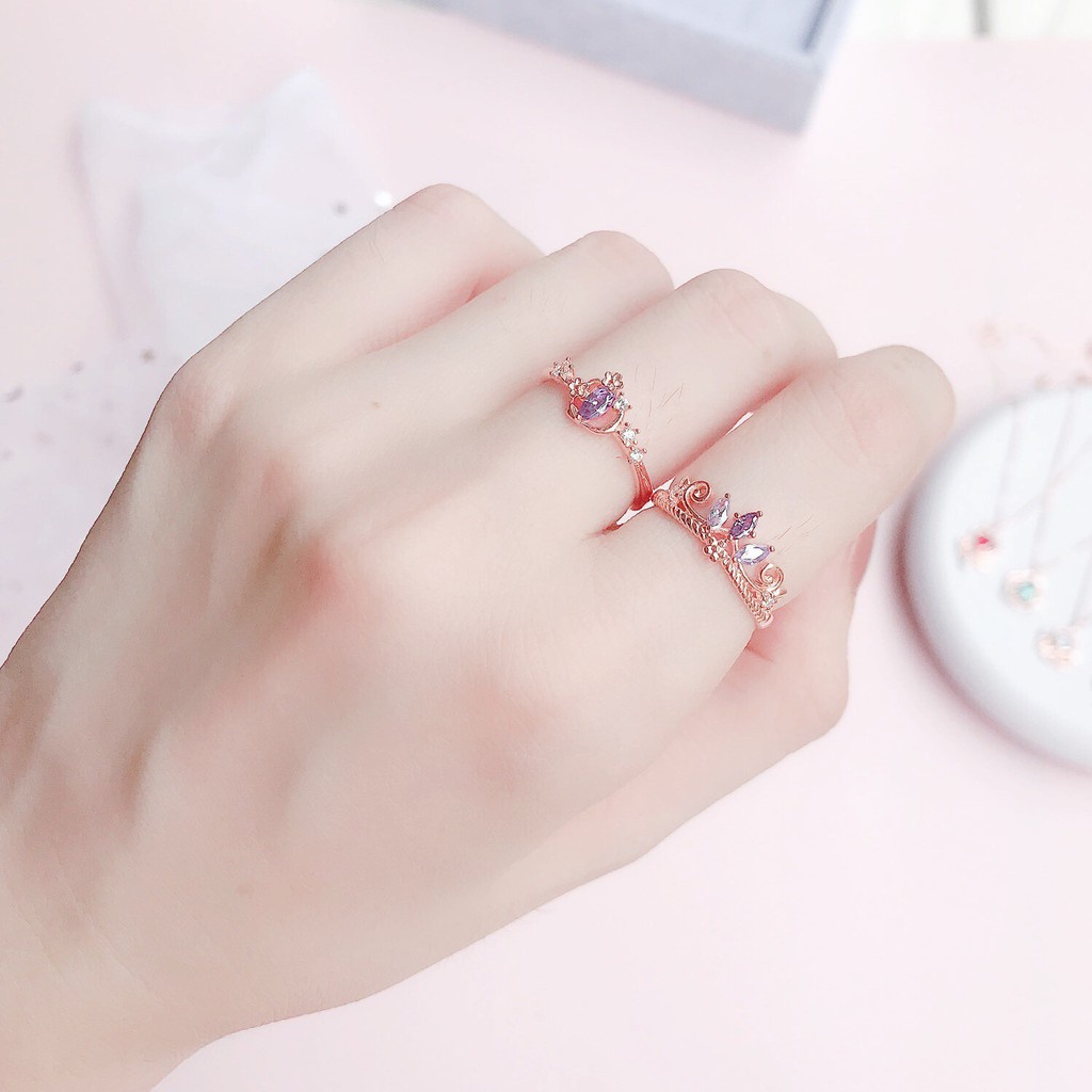 Nhẫn Hở Mạ Bạc S925 Hình Vương Miện Đính Đá Phong Cách Công Chúa Disney