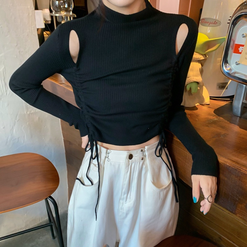 Áo dệt kim ZHELIHANGFEI tay dài cổ cao phối dây rút trẻ trung quyến rũ dành cho nữ