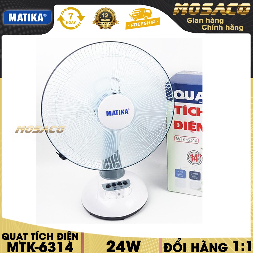 Quạt tích điện Matika MTK-6314 điện thế 24W. Quạt gió, thiết kế nhỏ gọn, dạng quạt hướng trục, với 3 cánh 14inch-MOSACO