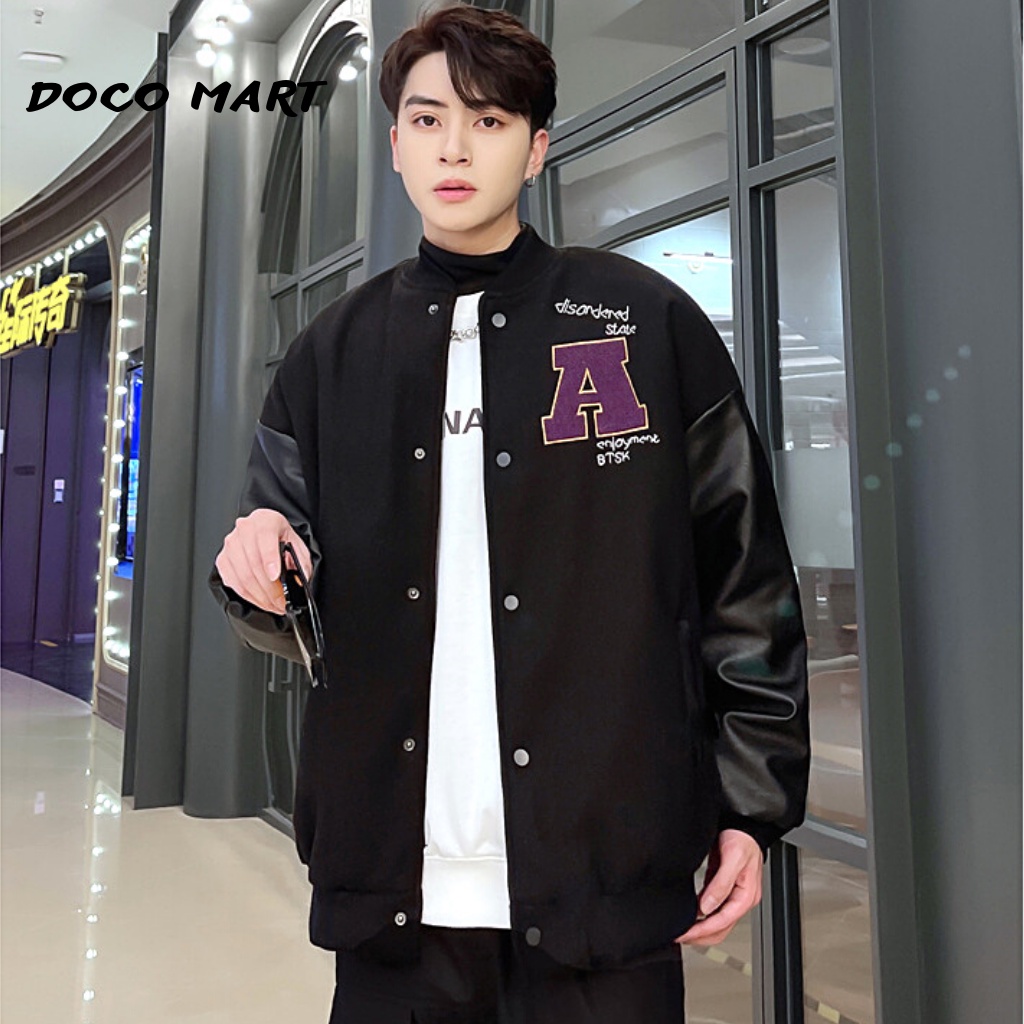 Áo khoác bomber varsity jacket unisex nam nữ chất liệu kaki phối da