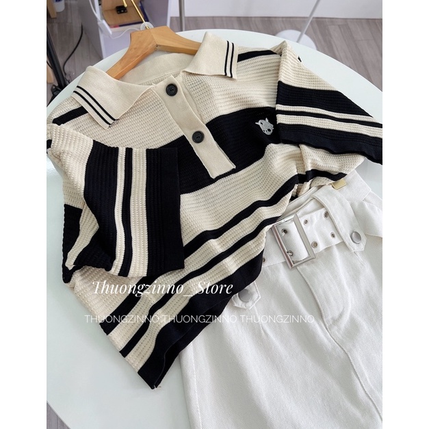 [Ảnh thật/Video]Áo kẻ polo Tây có cổ kiểu mongtogi Quảng Châu  Áo len sọc ngang Hàn Quốc