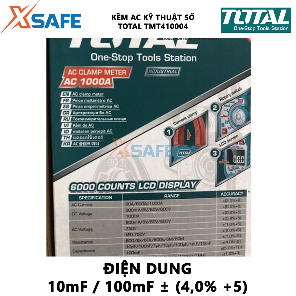 Ampe kìm TOTAL TMT410004 kềm đo AC kỹ thuật số Dòng điện AC 60A, 600A, 1000A, Tần số 0~10KHz