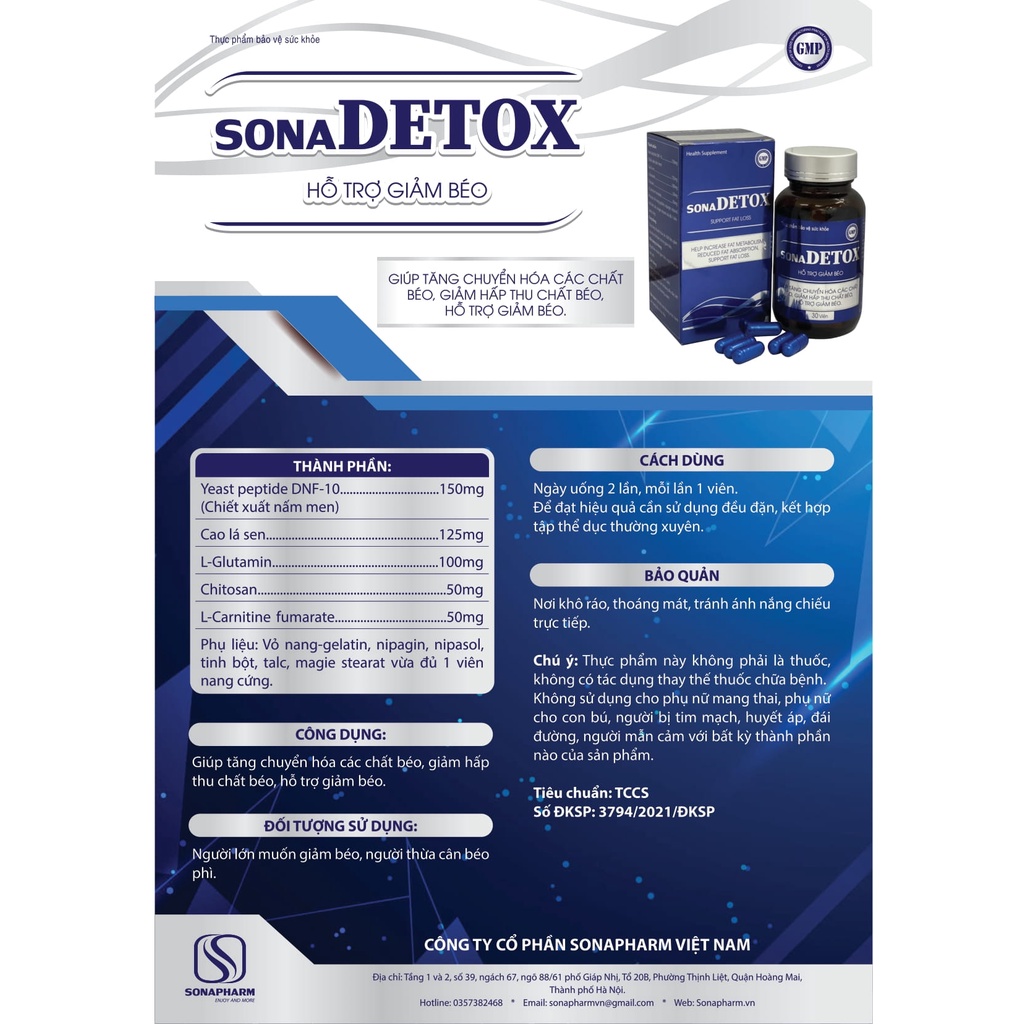 Viên Uống Giúp Tăng Chuyển Hóa Chất Béo Hỗ Trợ Giảm Cân Sona Detox - Lọ 60 viên