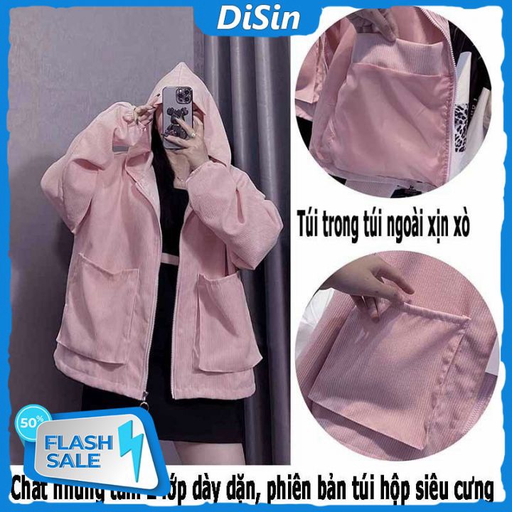 Áo khoác nữ chất vải nhung tăm 2 lớp dày dặn trơn có mũ túi hộp trong ngoài