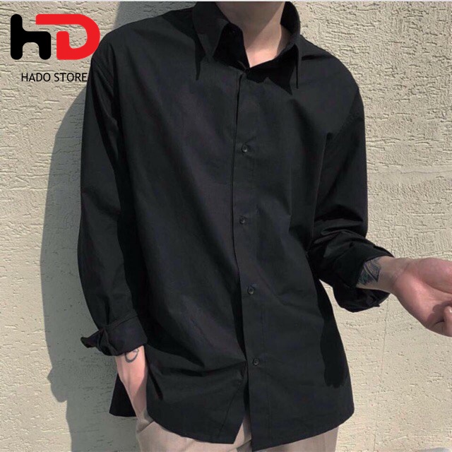 Áo sơ mi nam nữ dài tay Unisex Basic TRƠN Form rộng màu trắng và đen Chất cotton lụa mịn mát Bigsize HADO Store
