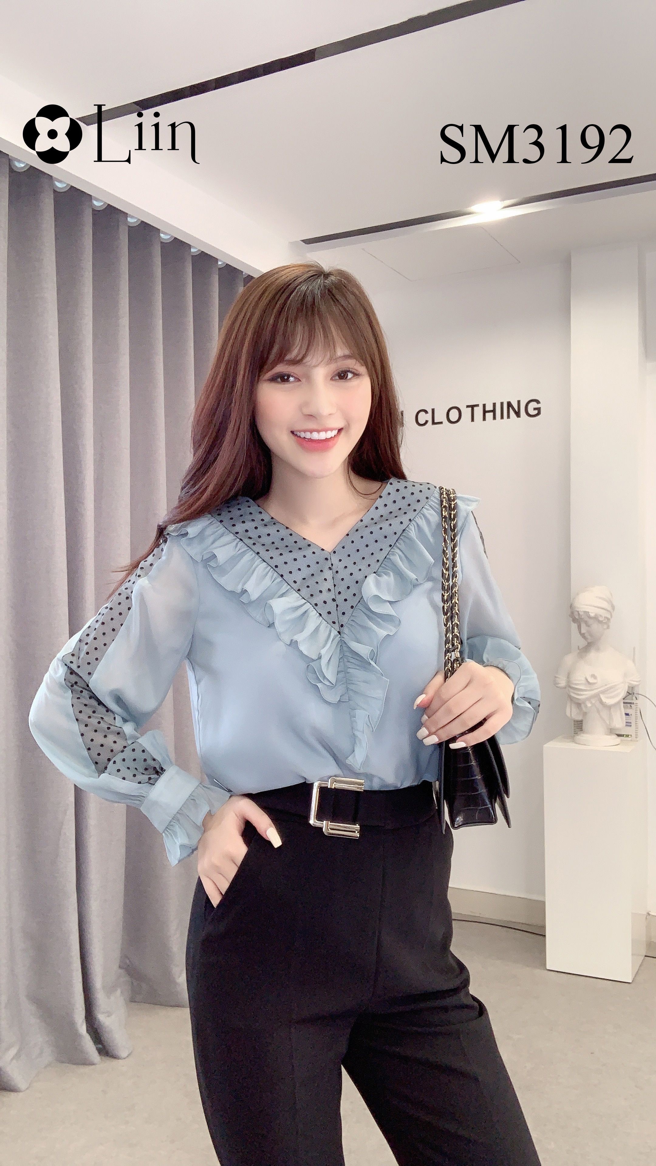 Áo sơ mi nữ màu Xanh Bèo Pha Bi cổ V, viền chấm bi thời trang Liin Clothing SM3192