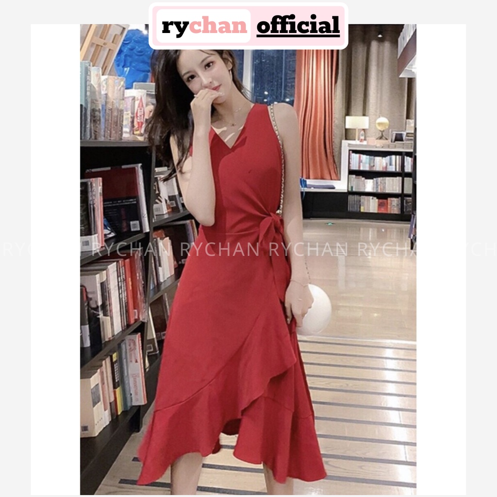 [ẢNH THẬT CUỐI] DX193 - Đầm Xòe Đỏ Đắp Chéo Cột Eo Phối Bèo Cổ V Đi Biển