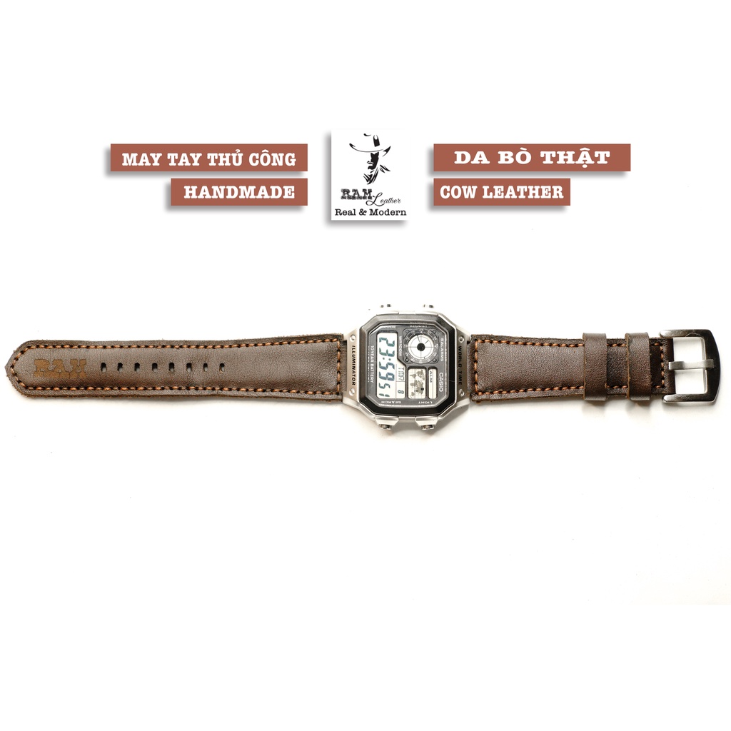 Dây đồng hồ RAM Leather 1981 cho CASIO 1200, AE 1200, 1300, 1100, A159 , A168 , Size 18 da bò thật nâu đỏ