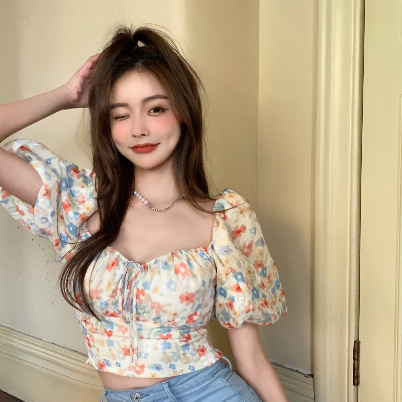 Áo Croptop Chiffon Tay Phồng Cổ Vuông In Hoa Kiểu Retro Hàn Quốc Xinh Xắn Cho Nữ | BigBuy360 - bigbuy360.vn
