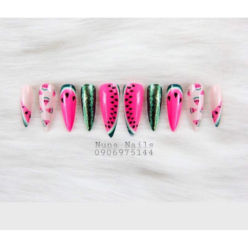 nailbox móng úp thiết kế dưa hấu Hồng đỏ có thể đổi màu inbox chọn size và shape  đầy đủ phụ kiện CÓ NOW SHIP