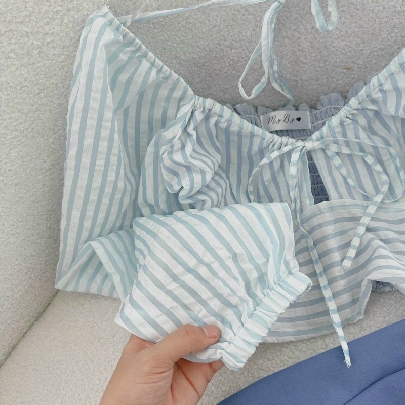 Set quần xanh áo crop xanh sọc 13780