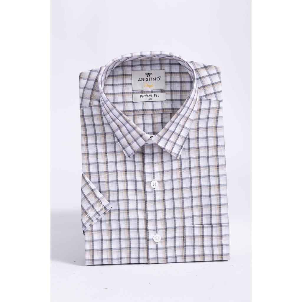 [MẪU MỚI] Áo sơ mi nam ngắn tay ARISTINO in trắng kẻ dobby nâu lịch lãm, thời thượng - ASS006S2