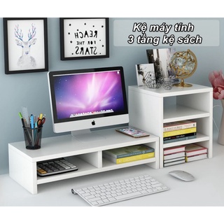 🎉 Kệ Để Màn Hình Và Kệ Sách Để Bàn 3 Tầng Màu Trắng Cho Văn Phòng - GMart 🎉