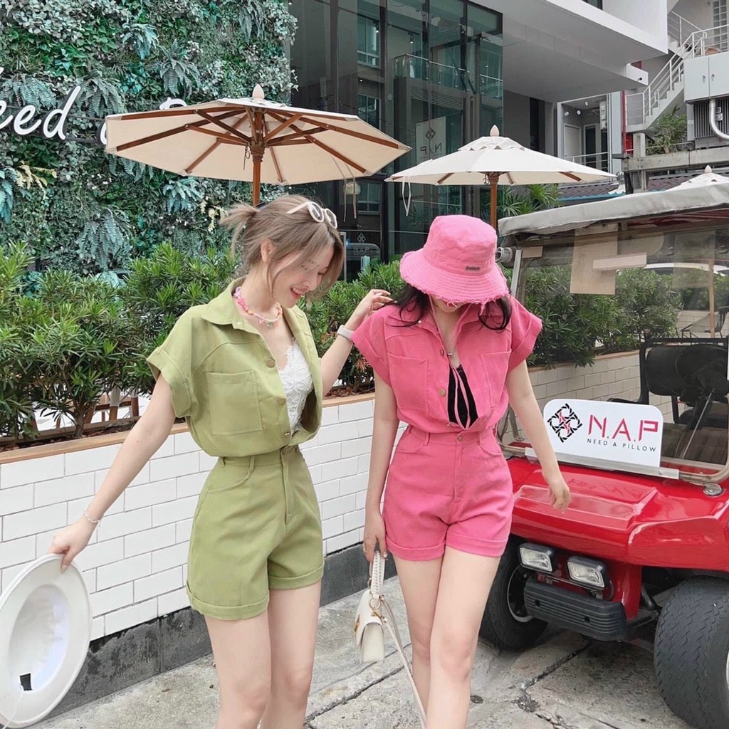 [9.9 Sales Freeship] Set bộ đùi nữ, set áo sơ mi tay cộc đính nút phối túi kèm quần short phồng lưng cao siêu xinh dx
