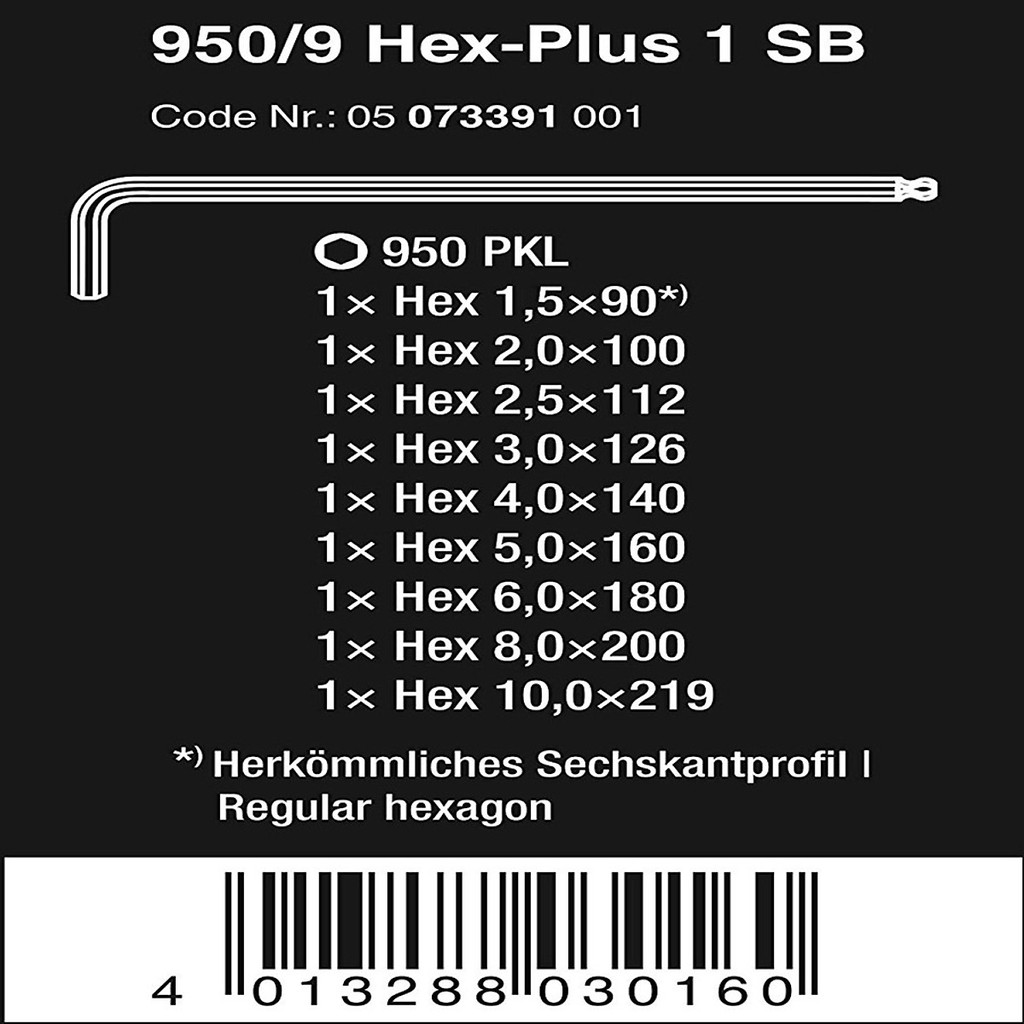 Bộ lục giác đầu bi 950/9 Hex-Plus 1 SB L-key, 9 cái, Wera 05073391001