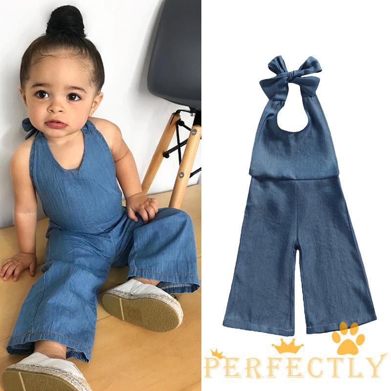 Áo liền quần denim không tay màu trơn dành cho bé gái
