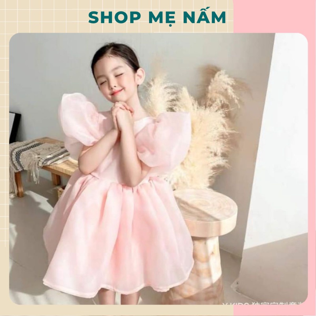 Đầm bé gái tay bồng dáng xòe phồng công chúa voan tơ mềm mại trắng/hồng ruốc/hồng cam - Shop Mẹ Nấm