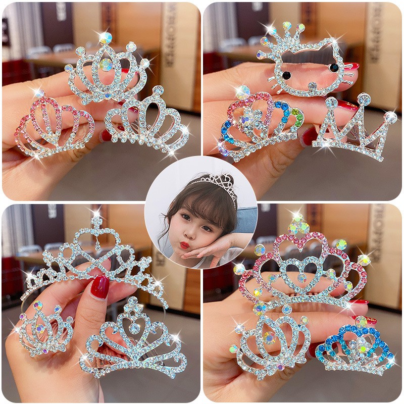 Cài tóc hình vương miện đính đá nhân tạo nhiều màu tùy chọn cho bé gái