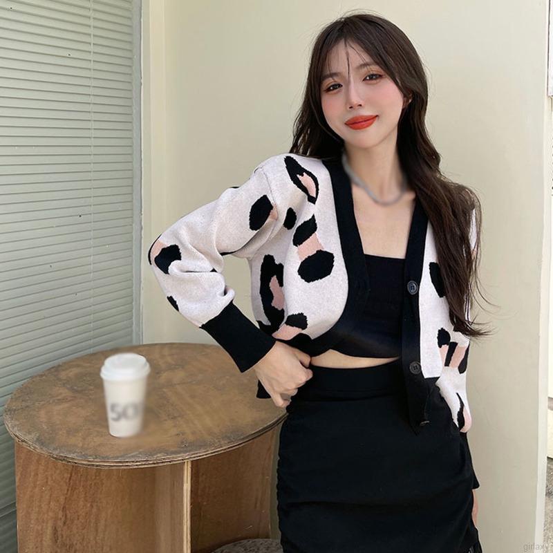 Áo cardigan dệt kim tay dài cổ chữ V họa tiết da báo phong cách Hàn Quốc cho nữ