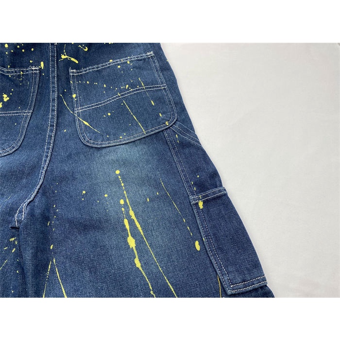 High street European and American style vibe style splash-ink denim suspender pants Women's American style retro large size plump girls loose straight wide leg pants 3HOV